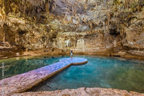 Girl In Cenote Suytun At Valladolid Yucatan Mexico Stock Photo