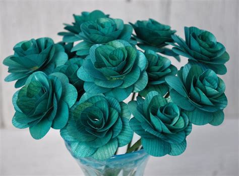 Teal Wooden Roses Two Dozens With Wire Stem 2 Inches