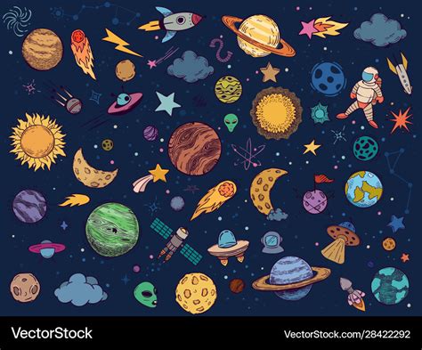 Color Space Doodle Astrology Planets Colorful Vector Image