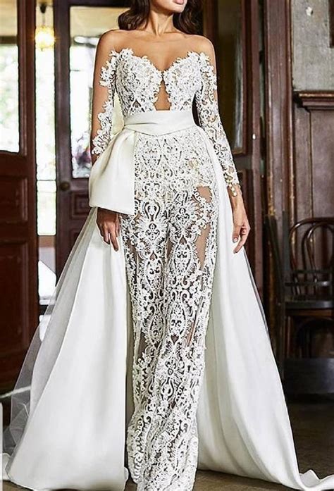 White Bridal Prom Lace Jumpsuit With Overskirt Scape Wedding Etsy