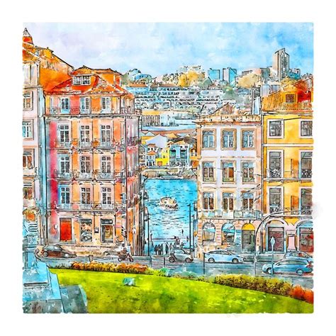 Porto Portugal Esboço Em Aquarela Ilustração Desenhada à Mão Vetor