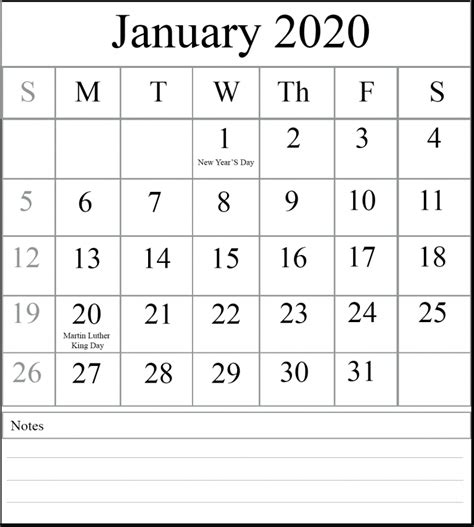 Editable January Calendar 2020 Template Portrait Landscape A4 Page
