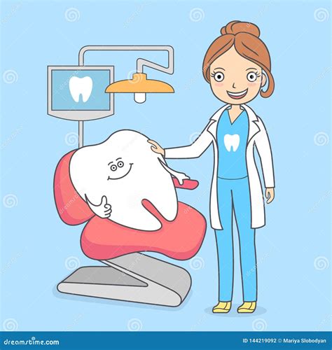 cartoon tooth visiting a dental office tooth sitting in a chair and a dentist woman treating