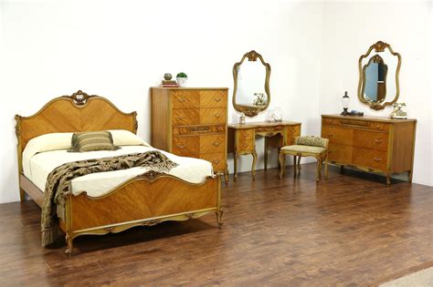 French Design 1940s Vintage Satinwood 7 Pc Bedroom Set Full Size Bed