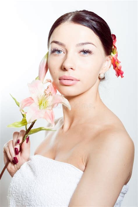 Beautiful Lady With Lilly Flower Perfect Skin Stock Photo Image Of