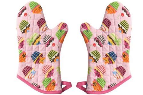 Two Oven Mitts Are Shown With Colorful Designs On Them One Has Pink And The Other Is Green