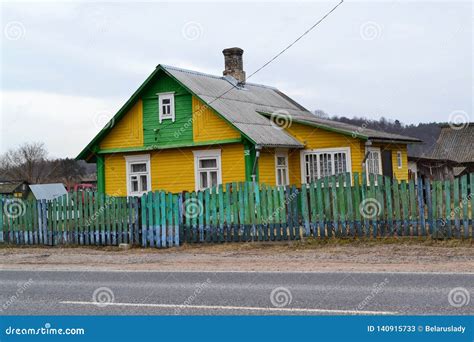 Traditional Wooden Rural House In Belarus Rural Winter Landscape With