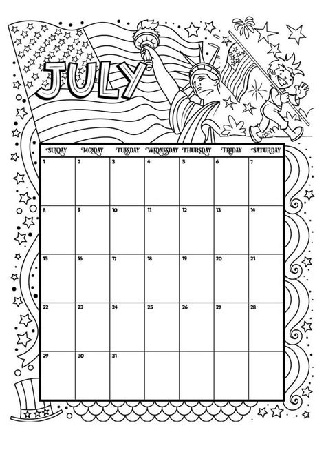 Free Printable July Calendar Coloring Page Download Print Or Color