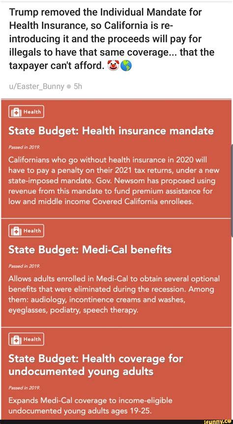 Some states (including california) enacted legislation to reintroduce the penalty starting with year 2020. Trump removed the Individual Mandate for Health Insurance, so California is re- introducing it ...