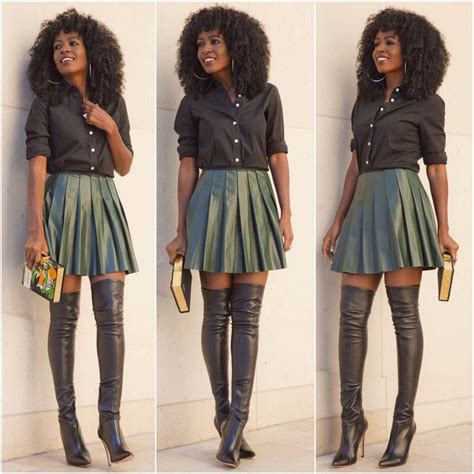 Cute Pleated Leather Mini Skirt With Over The Knee Boots Leather