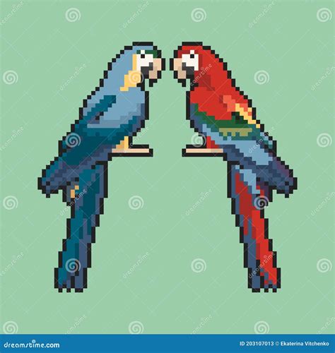 Two Parrots On A Green Background Pixel Art Vector Illustration Stock
