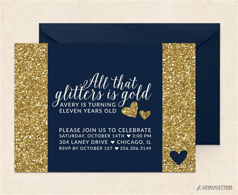 All That Glitters Is Gold Invitation Tween Girls Birthday Invitation