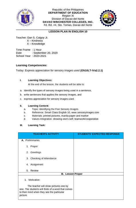 Lesson Plan Sensory Images Grade 10 Study Guides Projects