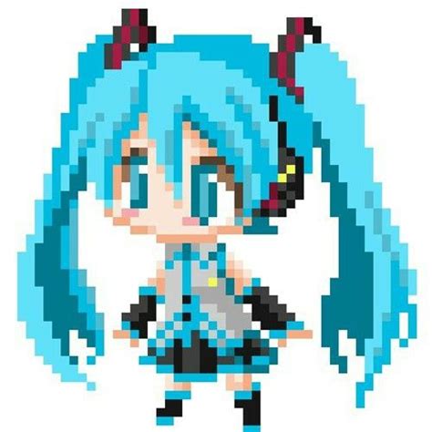 the pixel art is designed to look like an anime character with blue hair and black eyes