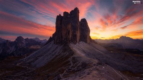 Mountains Italy Tre Cime Di Lavaredo Great Sunsets Edifice Dolomites Beautiful Views