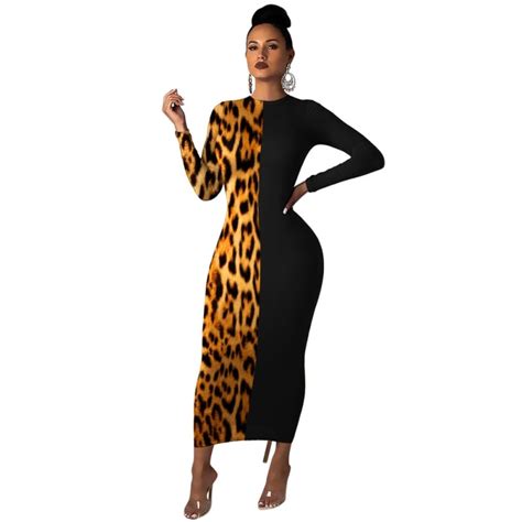 Leopard Splice Maxi Dress Women Spring Autumn New Full Sleeve Slim Robes Fashion Elegant O Neck