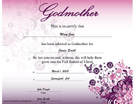 A Godmother Certificate With A Beautiful Modern Purple Flower And