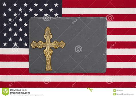 United States Of America Flag With A Black Chalkboard With A Cross