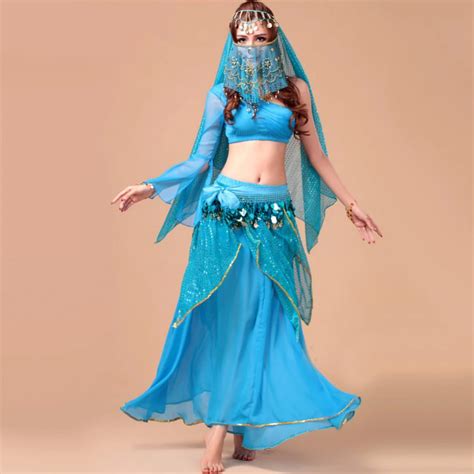 Belly Dance Costume For Women Top Skirt Belt Headwear Veil Bollywood Indian Dance Costumes