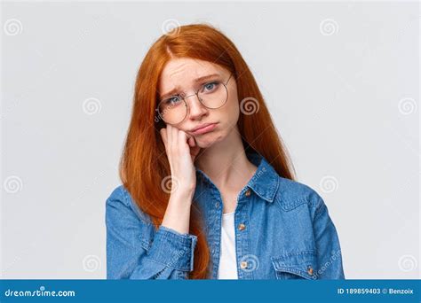 Close Up Portrait Gloomy Unhappy Redhead Sad Girl In Glasses Teenager