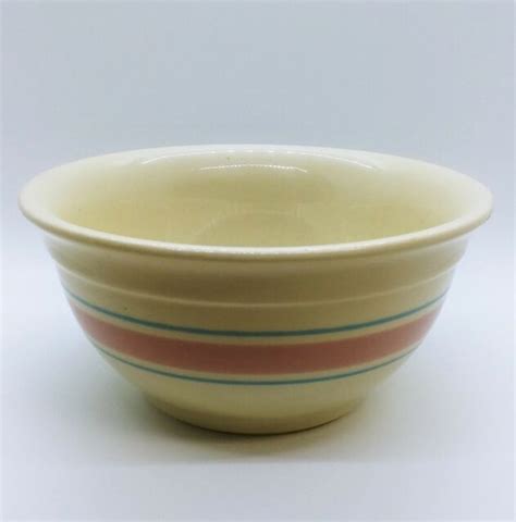Vintage Mccoy Pink Blue Stripes 8 Inch Mixing Bowl Pottery 8 Stoneware