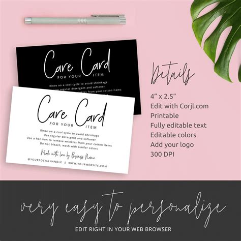 Printable Care Card Template Customizable Care Guide Design Etsy