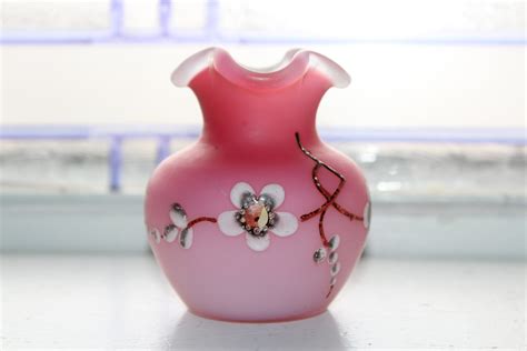 Victorian Pink Cased Glass Vase With Enameled Flowers