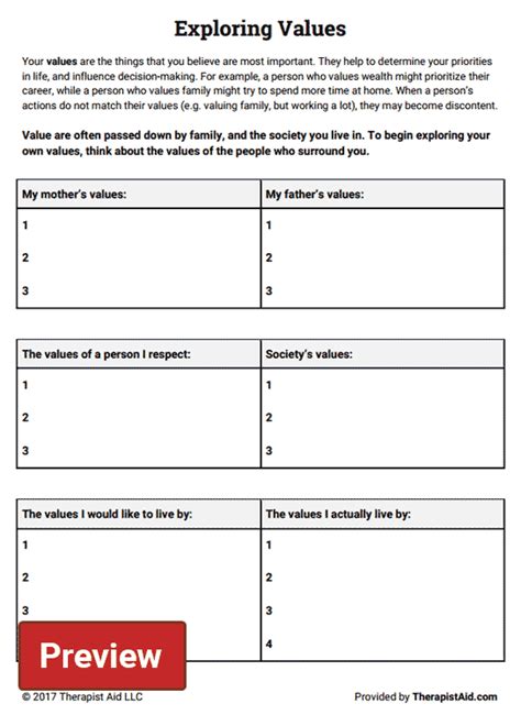 Values Exercise Worksheets