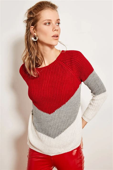 Trendyol Bordeaux Colorblock Knitwear Sweater Tclaw19fv0379 On