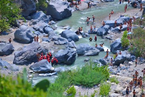 Alcantara Italy August 2015 People Enjoy Ice Cold Water Of