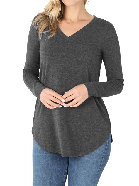 Zenana Women And Plus Relaxed Fit Long Sleeve V Neck Round Hem Jersey Tee Shirt Top