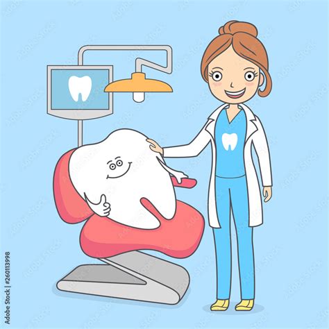 cartoon tooth visiting a dental office tooth sitting in a chair and a dentist woman treating