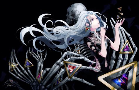 Wallpaper Anime Girl White Hair Black Dress Skeleton