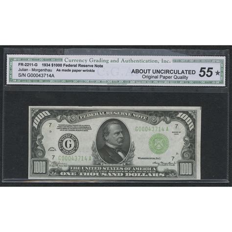1934 1000 One Thousand Dollars Federal Reserve Note Fr2211 G Cga