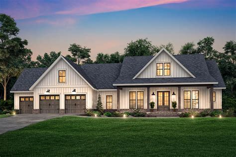 Modern Farmhouse Plan with 3-Car Front-entry Garage and ...