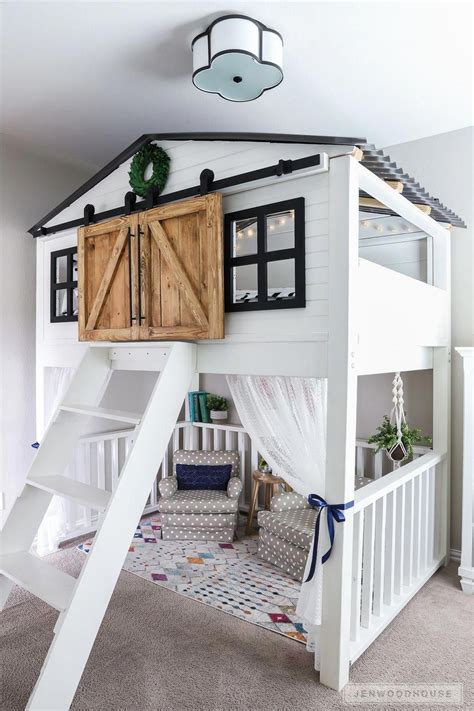 This diy bunk bed design has a double bed on the bottom and twin bed on the top. Sliding Barn Door Loft Bed | Toddler bunk beds, Warm ...