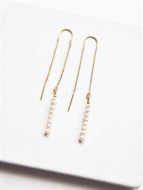 Pearl Threader Earrings Gold Chain Drop Earrings Silver Etsy