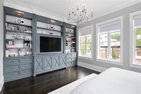 Gunmetal Gray Bedroom Built Ins With Polished Nickel Picture Lights