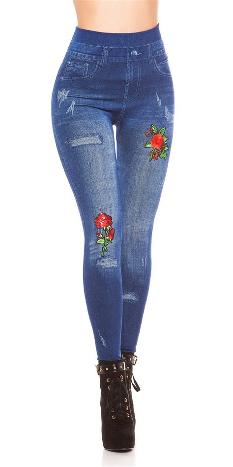 Sexy Denim Look Leggings With Patches And Sequins Blue Legging