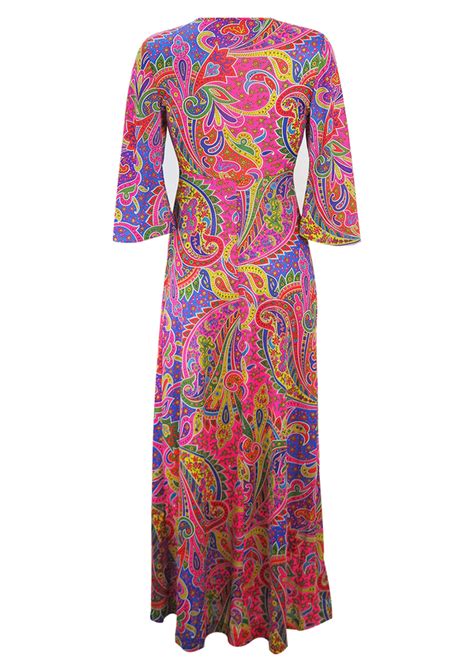 Maxi Dress With Vintage 70s Multicoloured Psychedelic Paisley Pattern