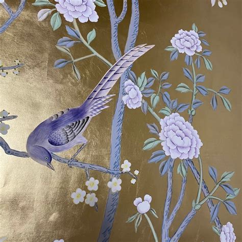 Chinoiserie Hand Painted Wallpaper Floral Wallpaper On Gold Metallic