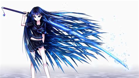 Wallpaper Id 152353 Anime Girls Anime Katana Scarf Blue Hair
