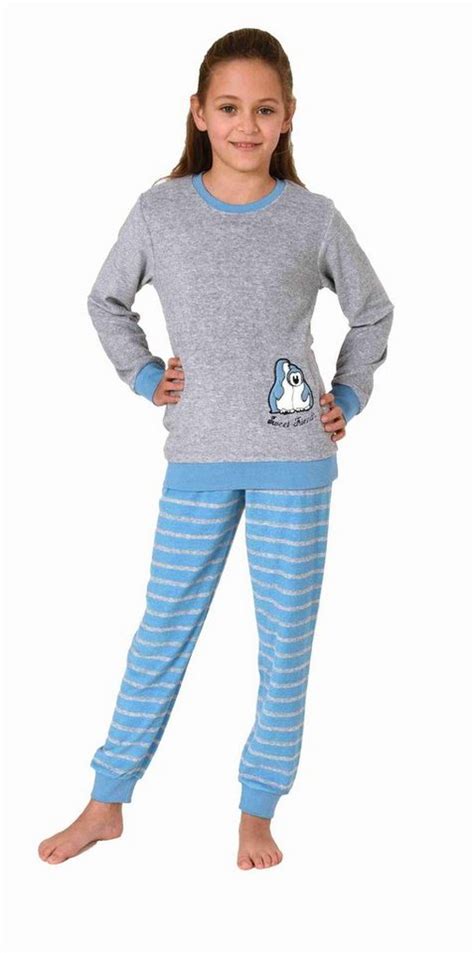 Normann Pyjama Mädchen Frottee Schlafanzug Langarm Pyjama Mit Bündchen Und Niedlicher Pinguin