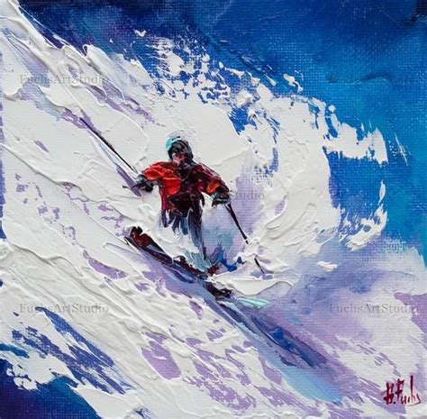 Skier Painting Original Art Skiing Ski Mountains Snow In