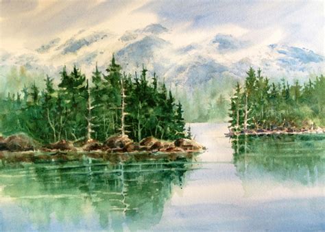 Mountain Lake Watercolor Landscape Landscape Painting