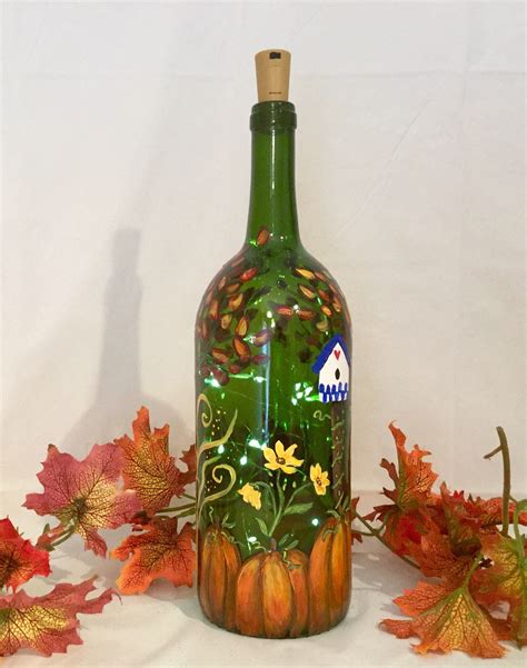 Fall Lighted Bottle Thanksgiving Decor Painted Wine Bottle By