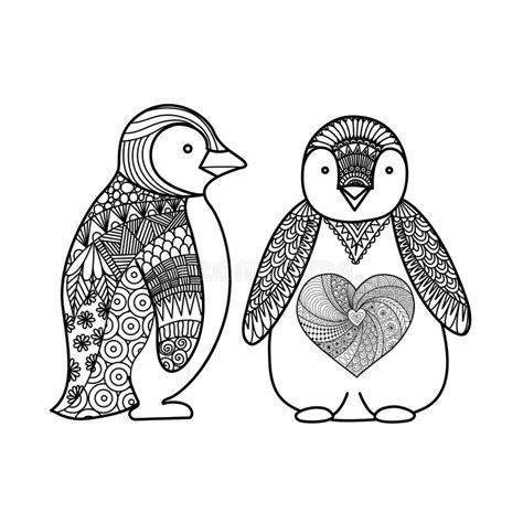 Hand drawn artistically king penguin entangle vector. Two Penguins Doodle Design For Coloring Book For Adult , T ...