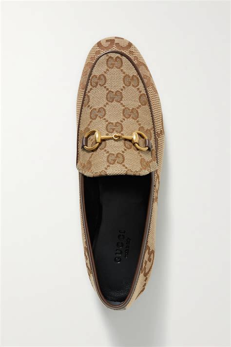 Gucci Jordaan Horsebit Detailed Leather Trimmed Canvas Jacquard Loafers