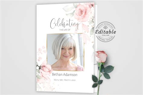 Editable Funeral Program Template Pink Funeral Memorial Etsy