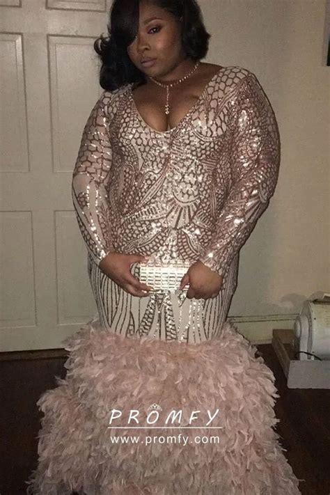 Pretty Gold Sequin Feather Plus Size Prom Gown With Long Sleeves